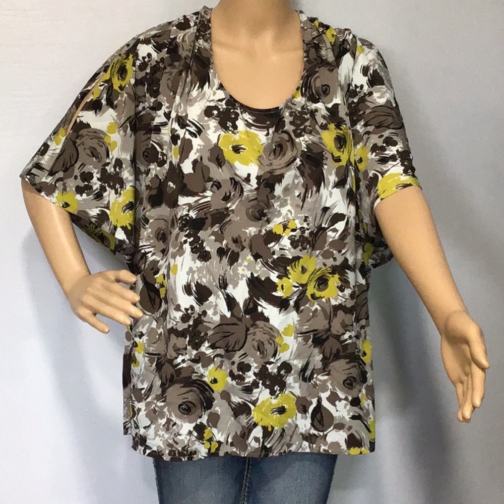 ELLE WOMEN BROWN YELLOW BEIGE FLORAL TOP PLUS SIZE 1X OPEN SHOULDER SLEEVE
